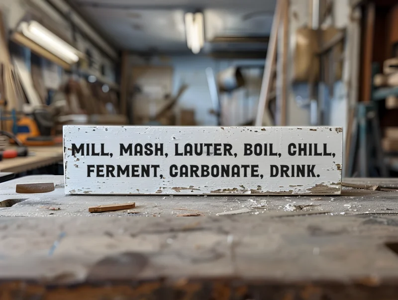 Mill, Mash, Lauter, Boil, Chill, Ferment, Carbonate, Drink. White sign with black lettering.