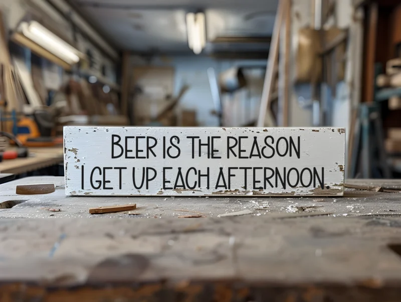 Beer is the reason I get up each afternoon. White sign with black lettering.