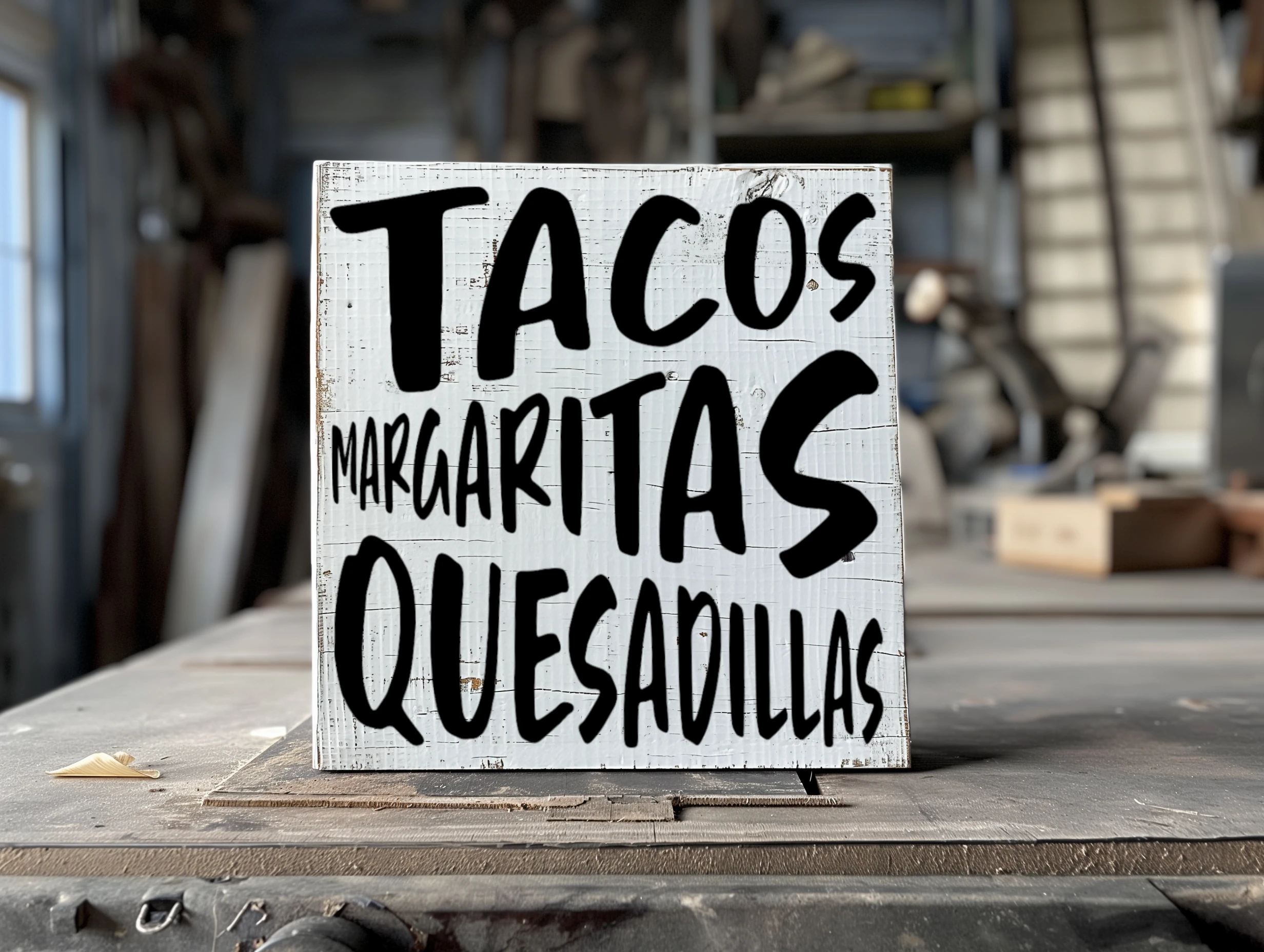 tacos, margaritas, quesadillas. White sign with black lettering.