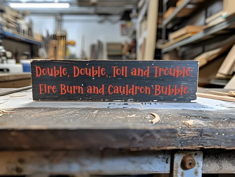 Double, Double, Toil and Trouble; Fire Burn and Cauldron Bubble. Black sign with orange lettering.