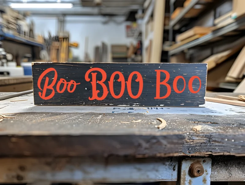 Boo! Black sign with orange lettering.