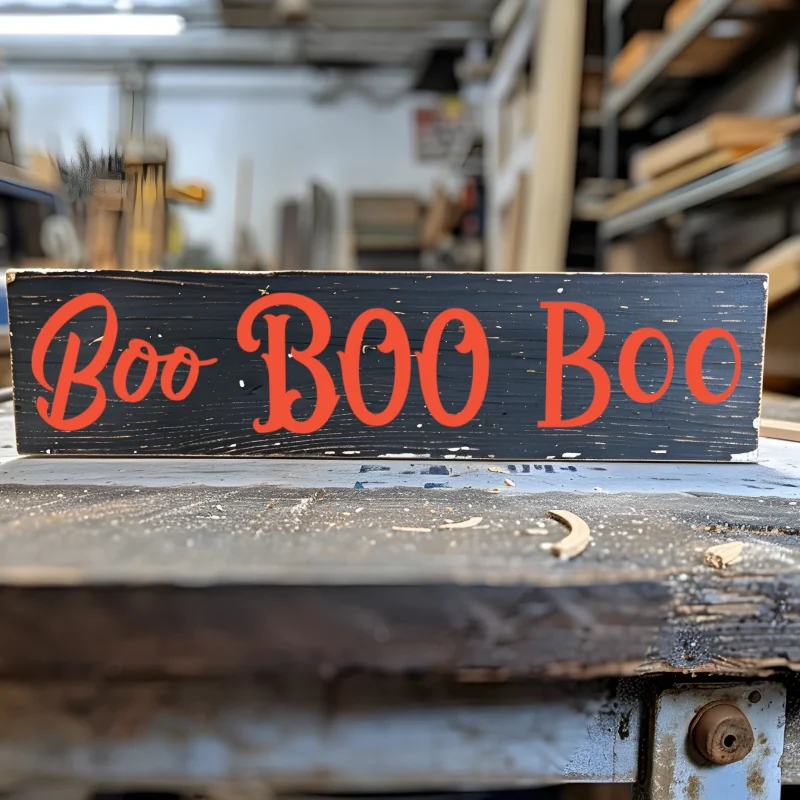 Boo! Black sign with orange lettering.