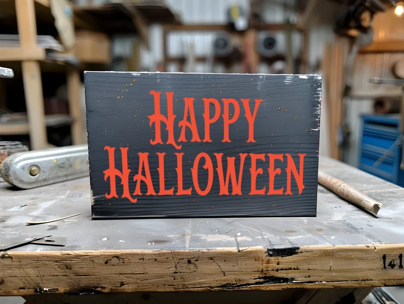 Happy Halloween. Black sign with orange lettering.