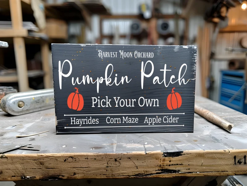 Harvest moon orchard Pumpkin patch hayrides, corn maze, apple cider Black sign with white lettering.