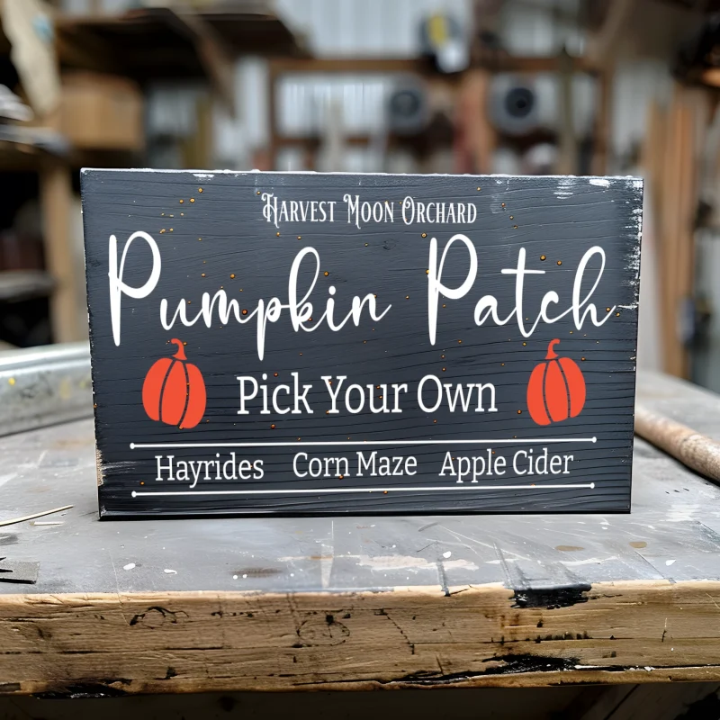 Harvest moon orchard Pumpkin patch hayrides, corn maze, apple cider Black sign with white lettering.