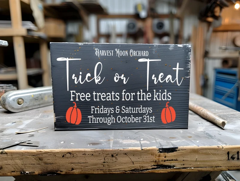 Harvest moon orchard trick or treat free treats for the kids Fridays and Saturdays on October. Black sign with white lettering.