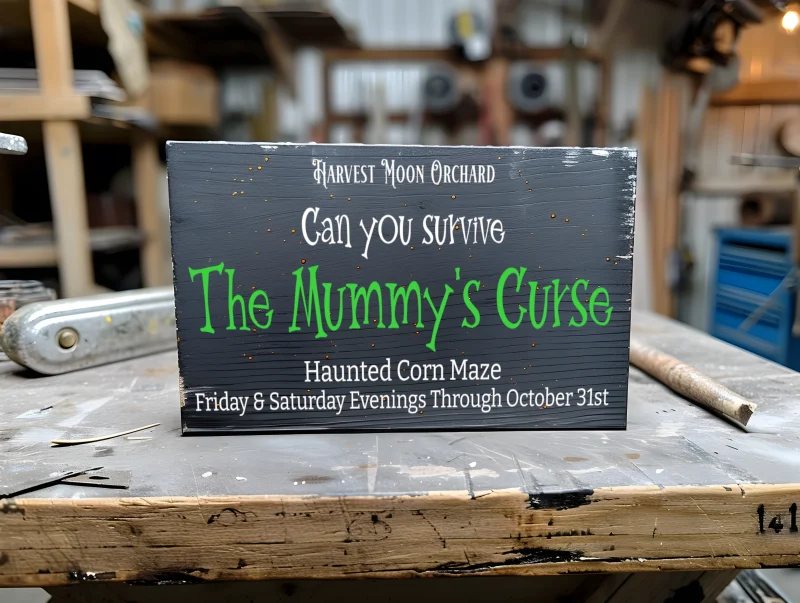 Harvest Moon Orchard Can you survive the mummy's Curse haunted corn maze. Friday a& Saturday evenings through October 31st. Black sign with white and green lettering.