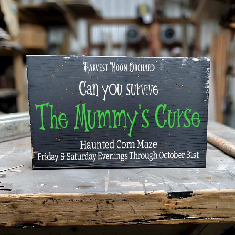 Harvest Moon Orchard Can you survive the mummy's Curse haunted corn maze. Friday a& Saturday evenings through October 31st. Black sign with white and green lettering.