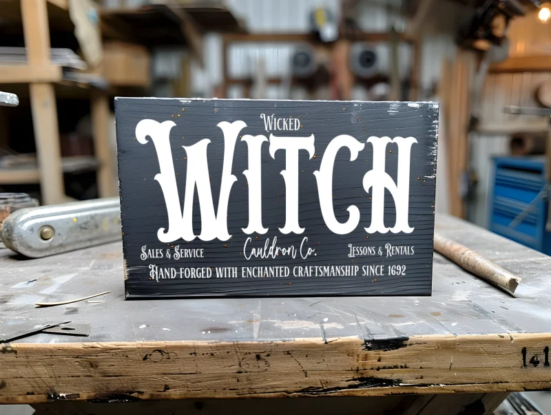 Wicked witch cauldron co. sales & service, Lessons & rentals. Hand-forged with enchanted craftsmanship since 1892. Black sign with white lettering.