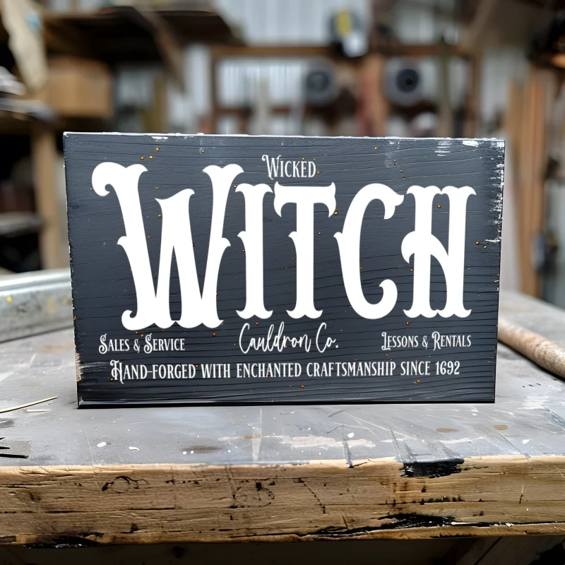 Wicked witch cauldron co. sales & service, Lessons & rentals. Hand-forged with enchanted craftsmanship since 1892. Black sign with white lettering.