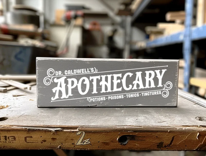 Dr. Caldwell's Apothecary. Potions, poisons, tonics, tinctures. Gray sign with white lettering.