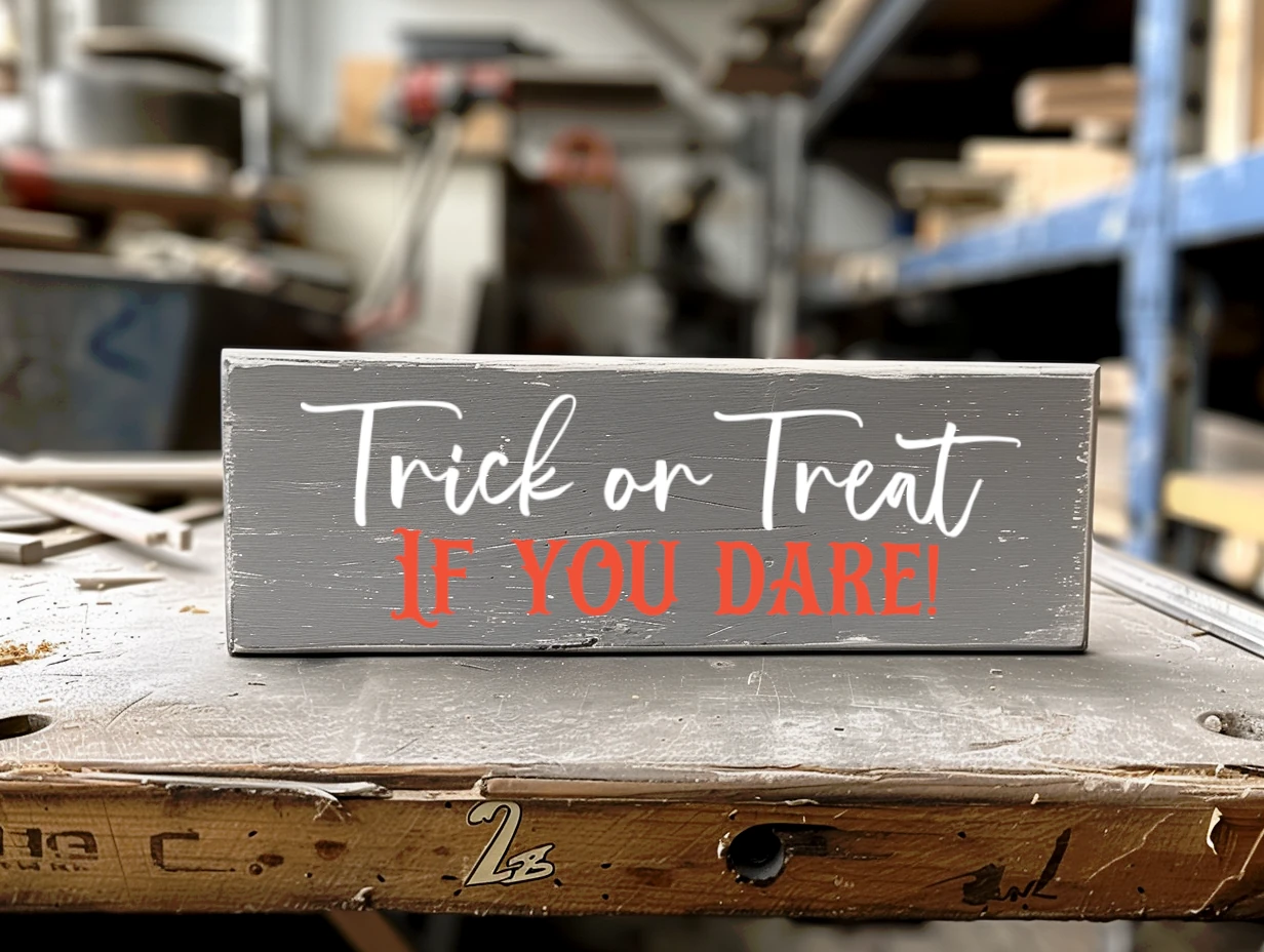 Trick or Treat if you dare. Gray sign with white and orange lettering.