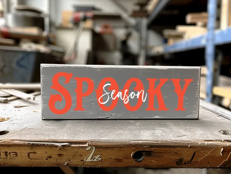 Spooky Season. Gray sign with orange and white lettering.