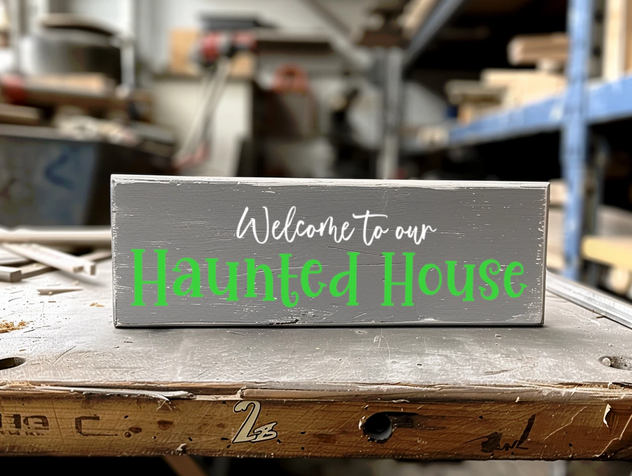 Welcome to our haunted house. Gray sign with white and green lettering.