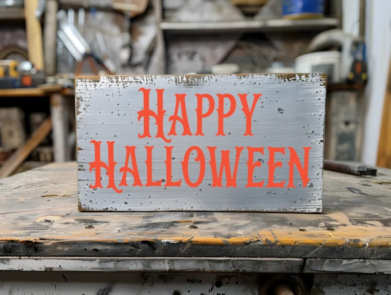 Happy Halloween. Gray sign with orange lettering.