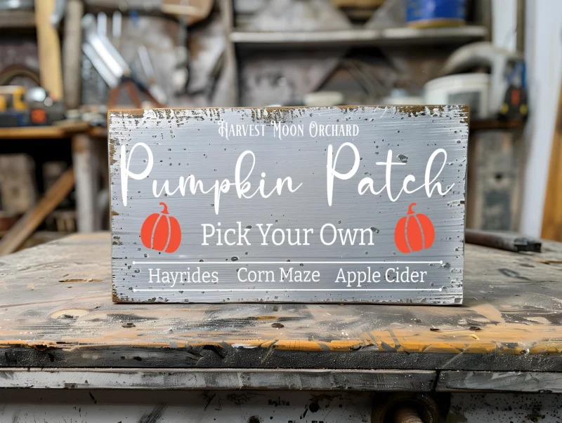 Harvest moon orchard Pumpkin patch hayrides, corn maze, apple cider Gray sign with white lettering.