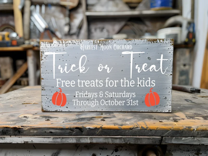 Harvest moon orchard trick or treat free treats for the kids Fridays and Saturdays on October. Gray sign with white lettering.