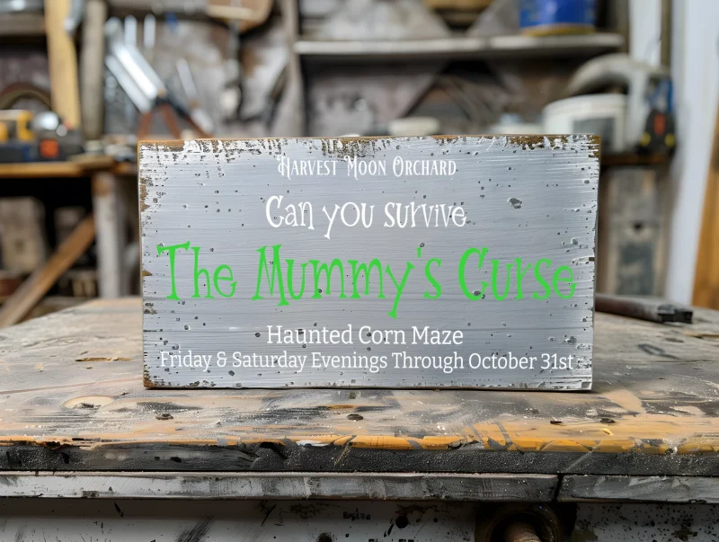 Harvest Moon Orchard Can you survive the mummy's Curse haunted corn maze. Friday a& Saturday evenings through October 31st. Gray sign with white and green lettering.