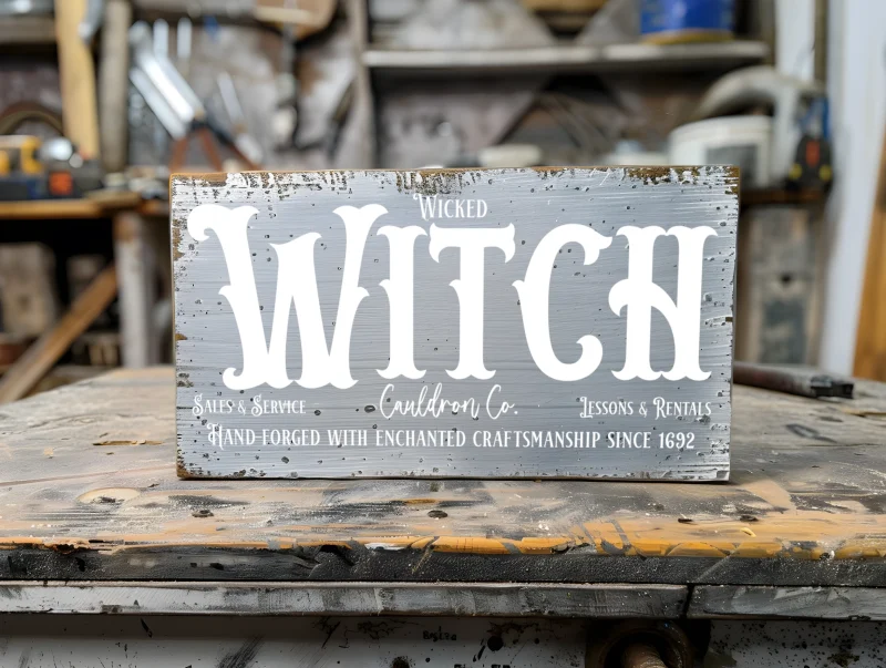 Wicked witch cauldron co. sales & service, Lessons & rentals. Hand-forged with enchanted craftsmanship since 1892. Gray sign with white lettering.