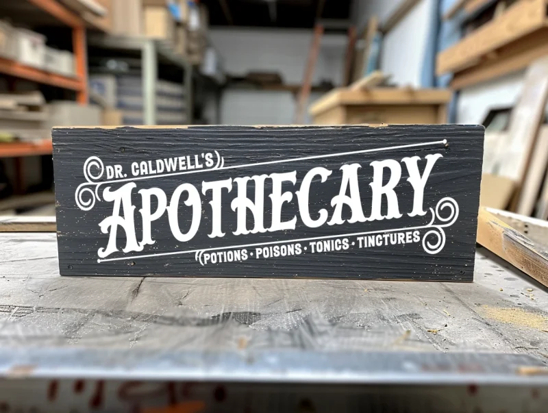 Dr. Caldwell's Apothecary. Potions, poisons, tonics, tinctures. Black sign with white lettering.