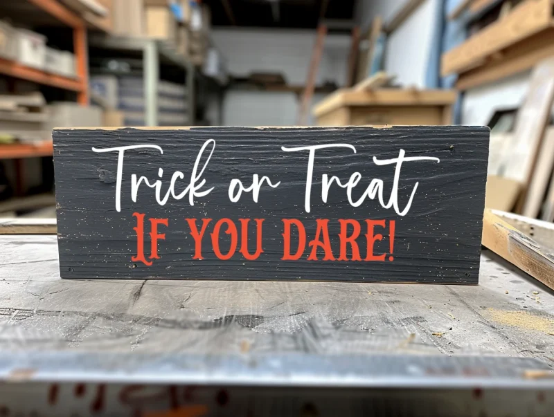 Trick or Treat if you dare. Black sign with white and orange lettering.