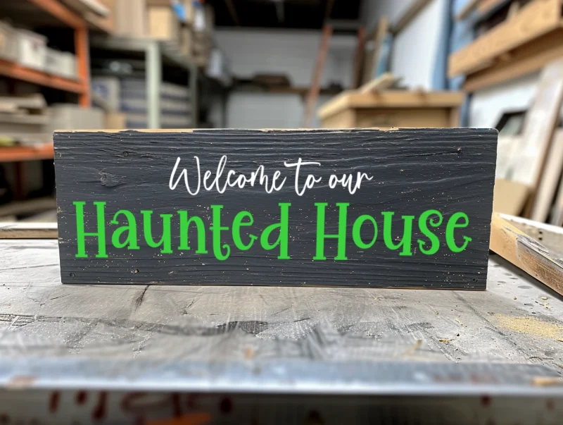 Welcome to our haunted house. Black sign with white and green lettering.