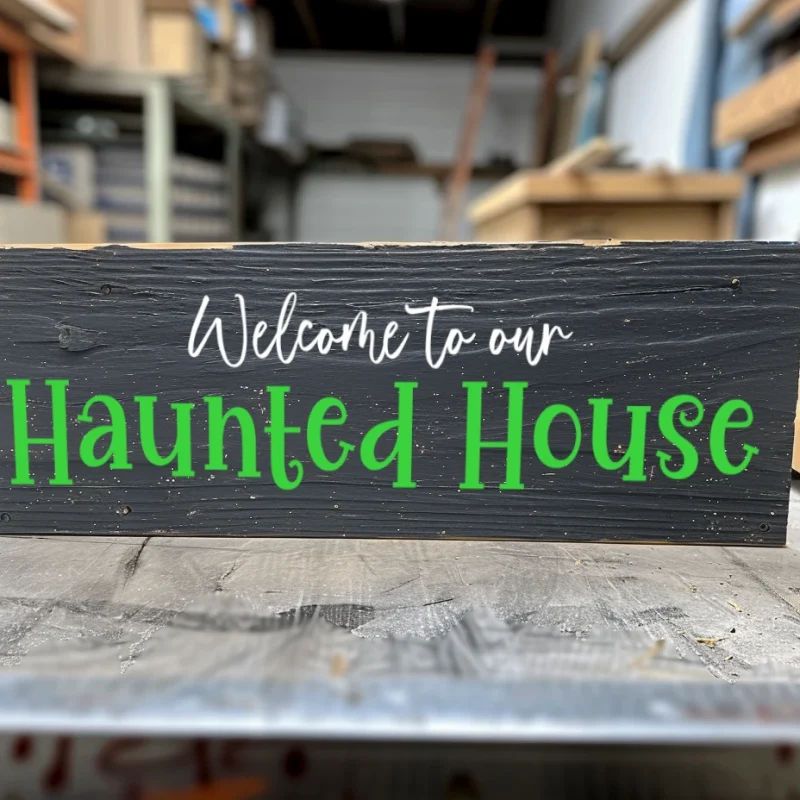 Welcome to our haunted house. Black sign with white and green lettering.