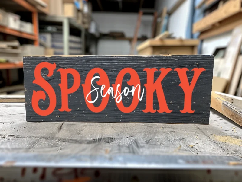 Spooky Season. Black sign with orange and white lettering.