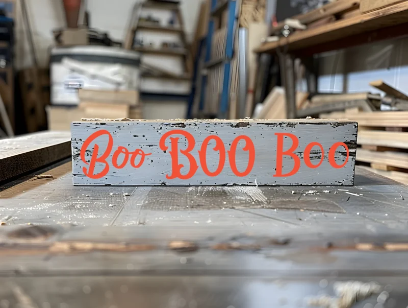 Boo! gray sign with orange lettering.