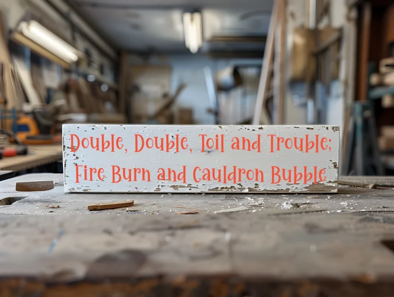 Double, Double, Toil and Trouble; Fire Burn and Cauldron Bubble. White sign with orange lettering.