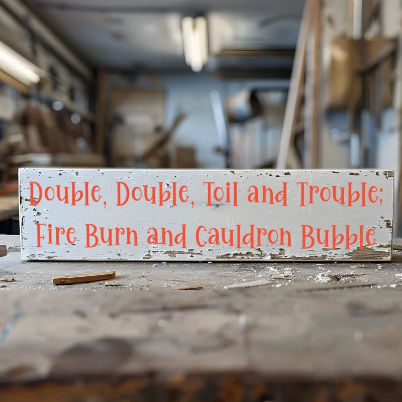 Double, Double, Toil and Trouble; Fire Burn and Cauldron Bubble. White sign with orange lettering.