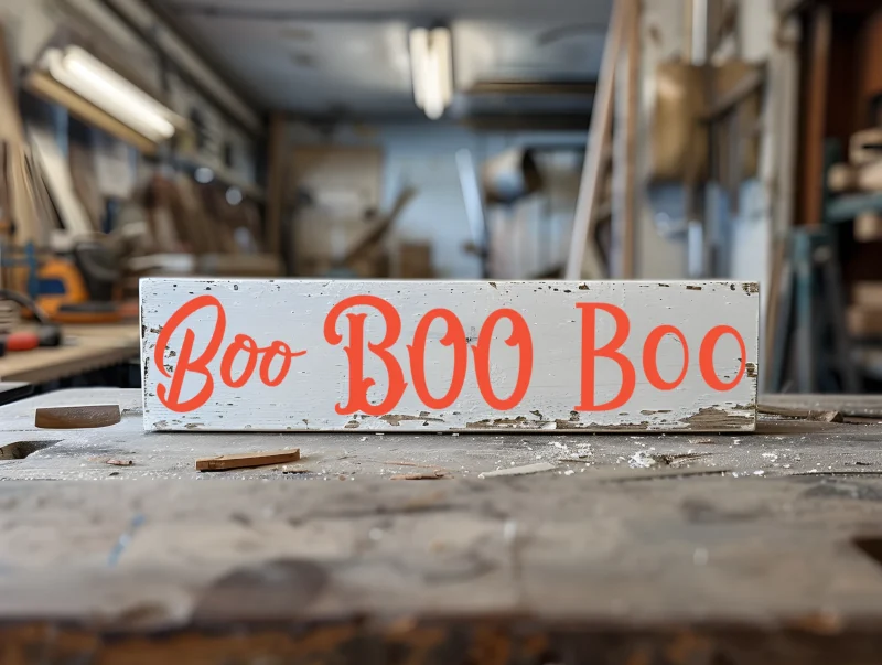 Boo! white sign with orange lettering.