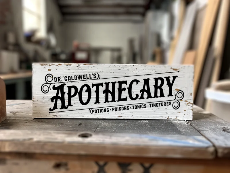 Dr. Caldwell's Apothecary. Potions, poisons, tonics, tinctures. White sign with black lettering.