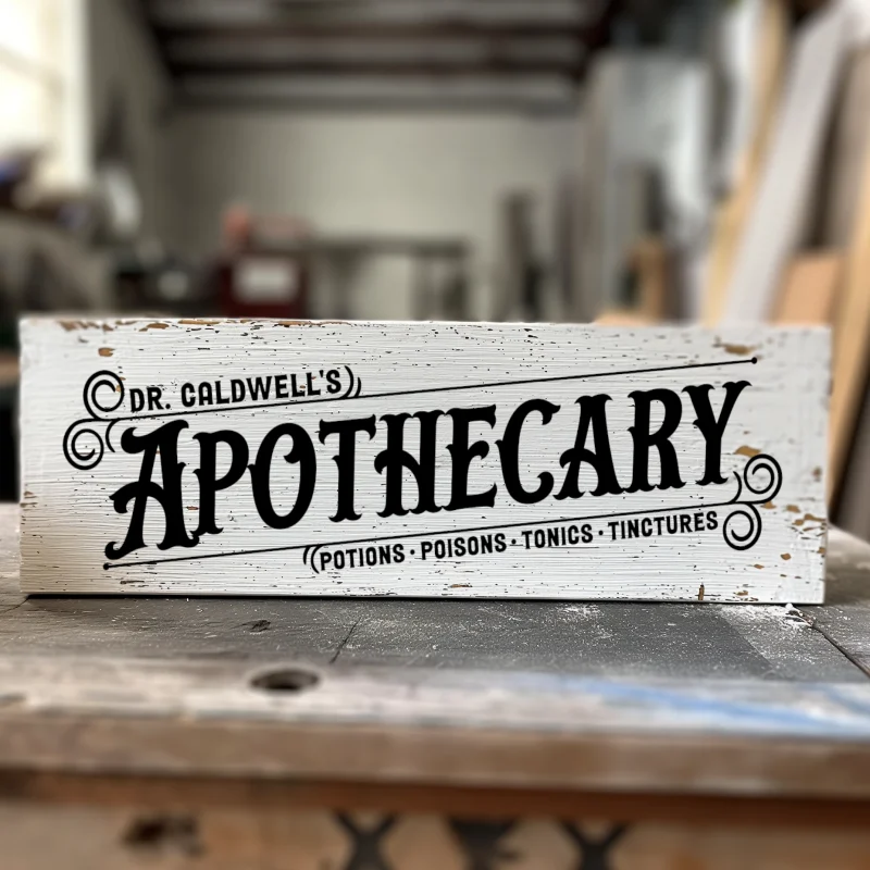 Dr. Caldwell's Apothecary. Potions, poisons, tonics, tinctures. White sign with black lettering.