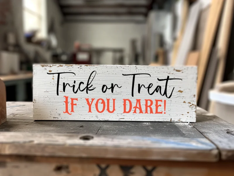 Trick or Treat if you dare. White sign with black and orange lettering.