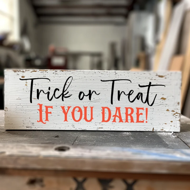 Trick or Treat if you dare. White sign with black and orange lettering.