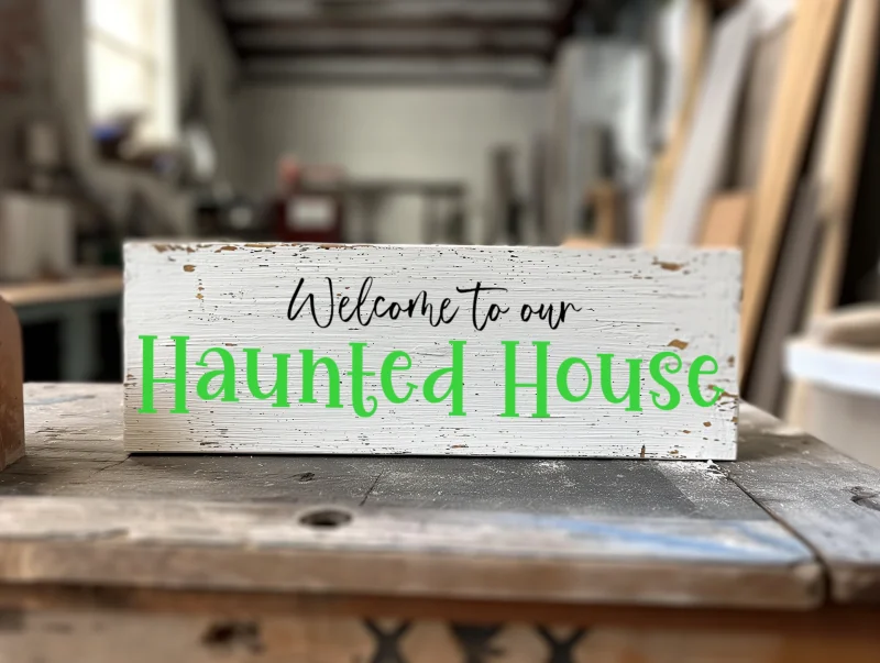 Welcome to our haunted house. White sign with black and green lettering.