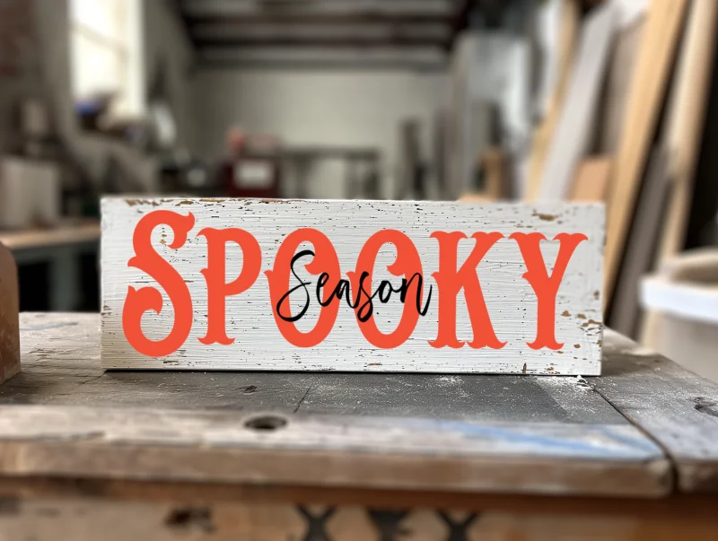 Spooky Season. White sign with orange and black lettering.