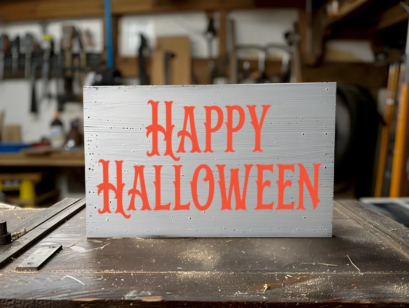 Happy Halloween. White sign with orange lettering.