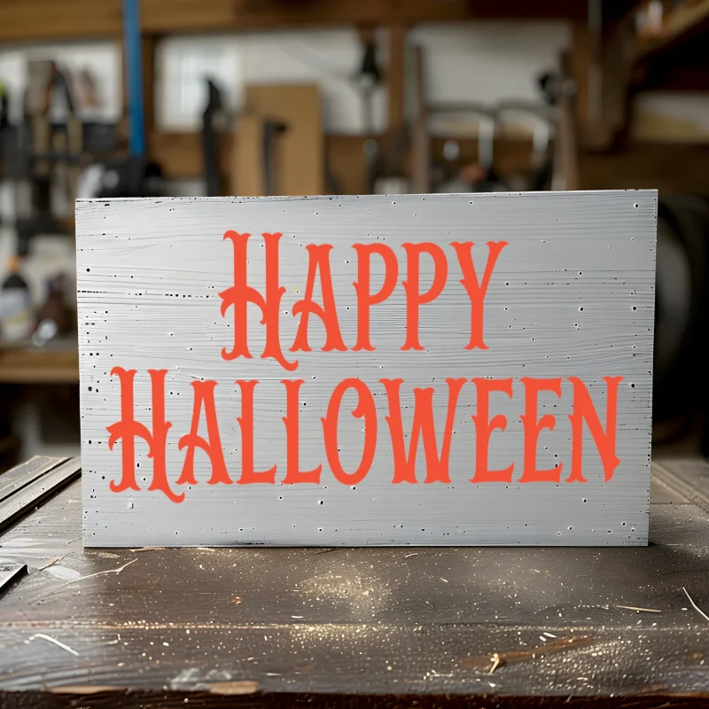 Happy Halloween. White sign with orange lettering.