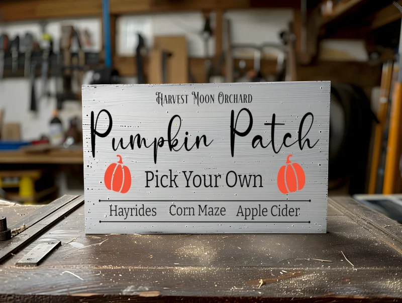 Harvest moon orchard Pumpkin patch hayrides, corn maze, apple cider White sign with black lettering.