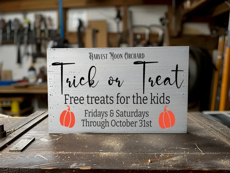 Harvest moon orchard trick or treat free treats for the kids Fridays and Saturdays on October. White sign with black lettering.