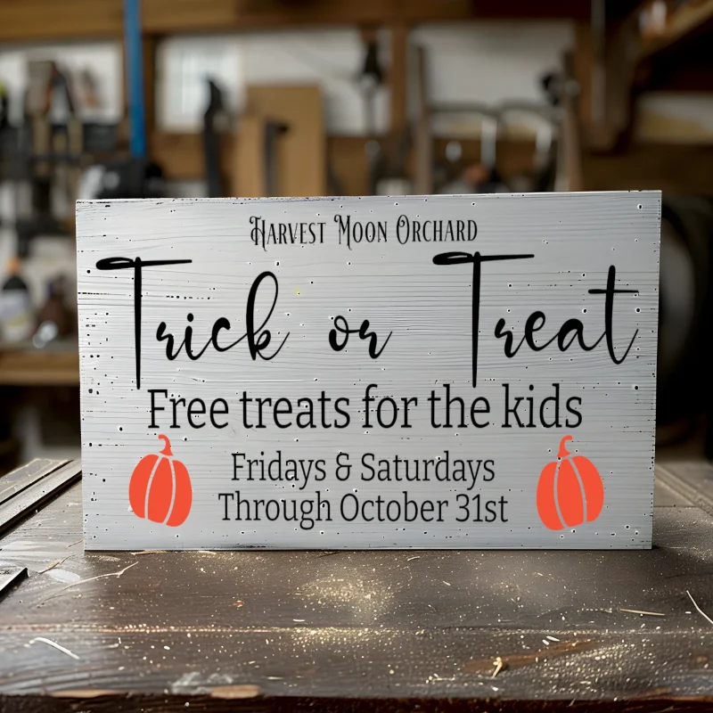 Harvest moon orchard trick or treat free treats for the kids Fridays and Saturdays on October. White sign with black lettering.