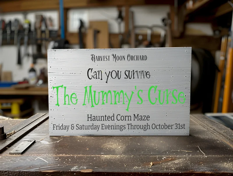 Harvest Moon Orchard Can you survive the mummy's Curse haunted corn maze. Friday a& Saturday evenings through October 31st. White sign with black and green lettering.