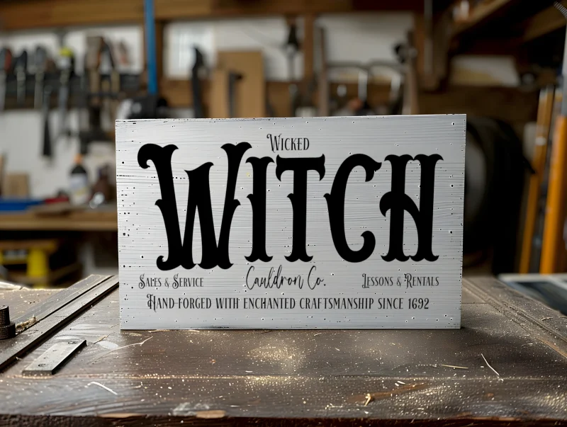 Wicked witch cauldron co. sales & service, Lessons & rentals. Hand-forged with enchanted craftsmanship since 1892. White sign with black lettering.