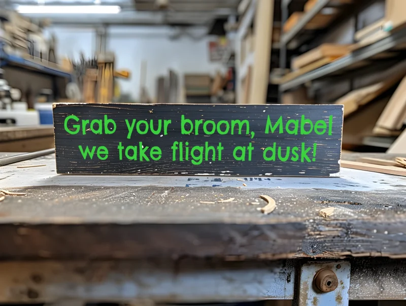 Grab your broom, Mabel – we take flight at dusk!. Black sign with green lettering