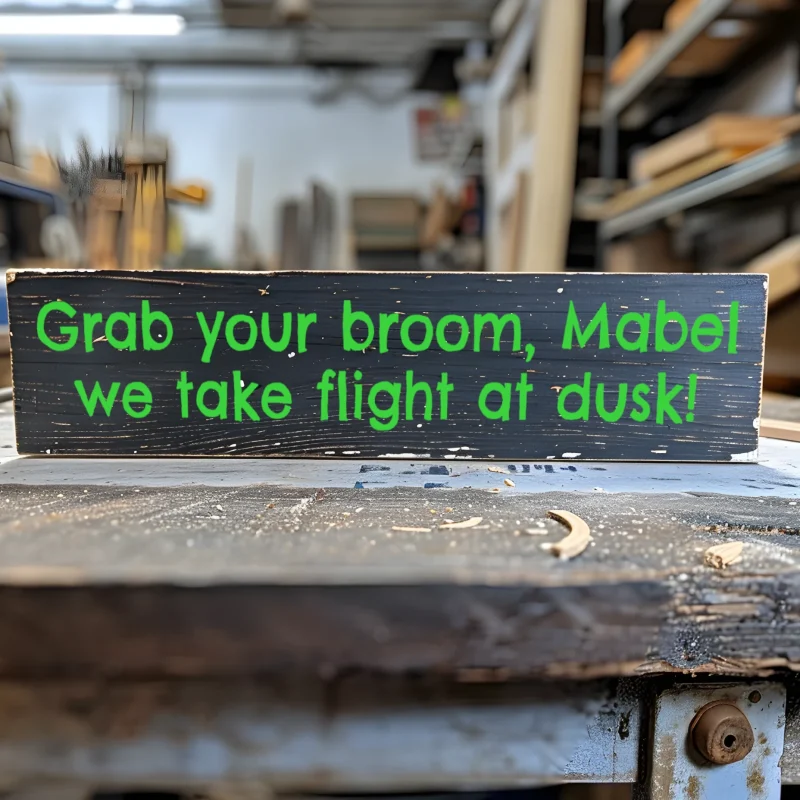 Grab your broom, Mabel – we take flight at dusk!. Black sign with green lettering