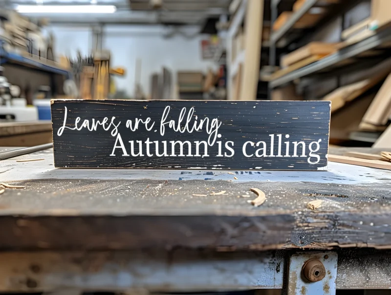 Leaves are falling, autumn is calling. Black sign with white lettering.