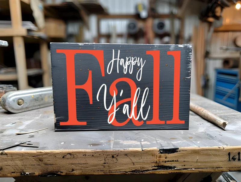 Happy Fall Y'all. Black sign with orange and white lettering.