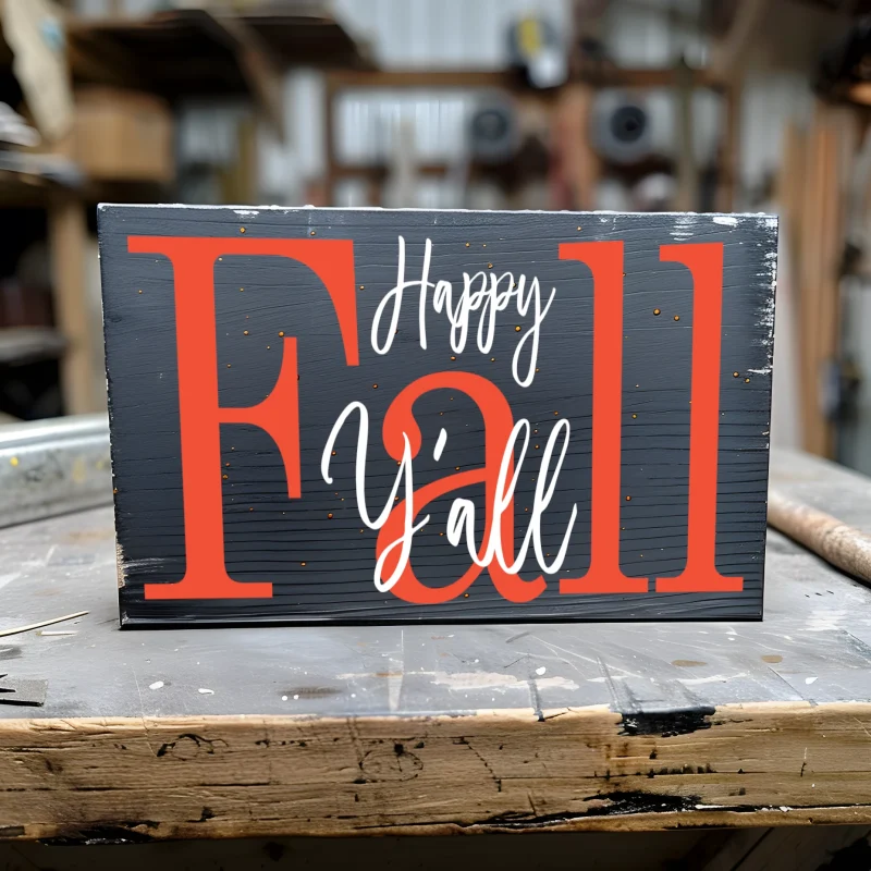 Happy Fall Y'all. Black sign with orange and white lettering.